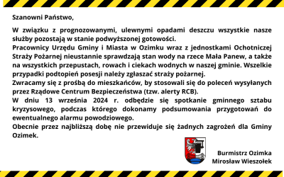 Informacja Burmistrza Ozimka związana z ogłoszeniem 3. stopnia zagrożenia powodziowego dla Opolszczyzny