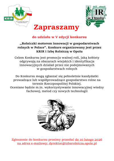 Zaproszenie do udziału w V edycji konkursu Rolniczki motorem innowacji w gospodarstwach rolnych w Polsce