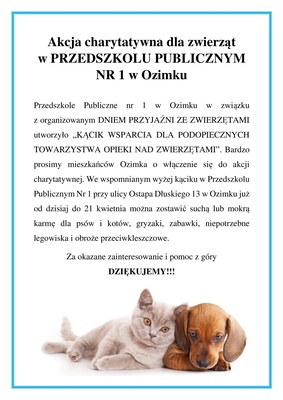Akcja charytatywna dla zwierząt  w PRZEDSZKOLU PUBLICZNYM NR 1 w Ozimku