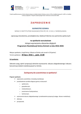 Program Rewitalizacji Gminy Ozimek na lata 2016-2026 - Zaproszenie na I spotkanie warsztatowe