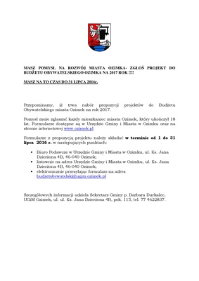 MASZ POMYSŁ NA ROZWÓJ MIASTA OZIMKA- ZGŁOŚ PROJEKT DO BUDŻETU OBYWATELSKIEGO OZIMKA NA 2017 ROK !!!!