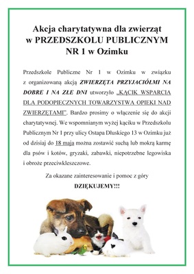 Akcja charytatywna dla zwierząt w PRZEDSZKOLU PUBLICZNYM NR 1 w Ozimku 