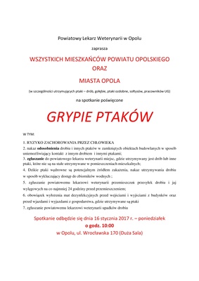 Zaproszenie na spotkanie poświęcone GRYPIE PTAKÓW