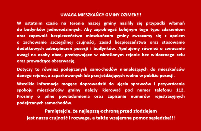 UWAGA MIESZKAŃCY GMINY OZIMEK!!!