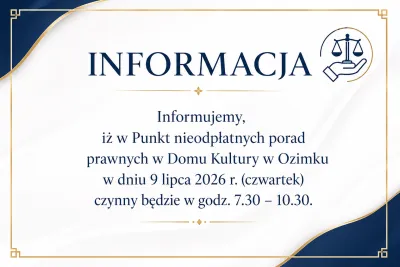 Zmiana godzin otwarcia Punktu nieodpłatnych porad prawnych w dniu 9 lipca 2026 r.