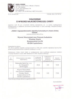 ogłoszenie o wyborze najkorzystniejszej oferty