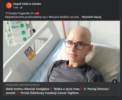 Społeczność Trójki zaprasza do pomocy Rafałowi – uczniowi Zespołu Szkół w Ozimku